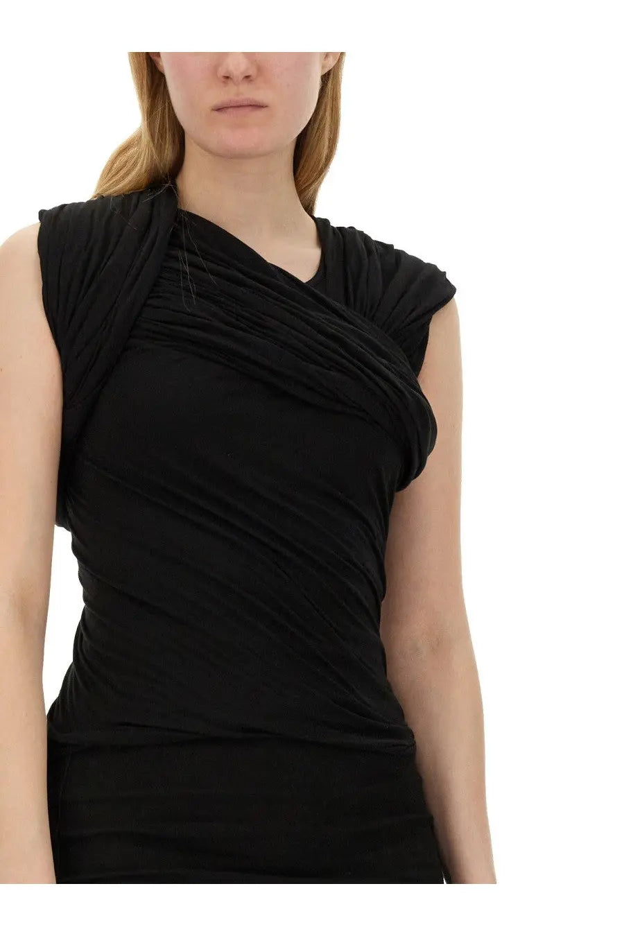 Rick Owens women’s harness top in black sleeveless design with draped ruched fabric across shoulders and torso