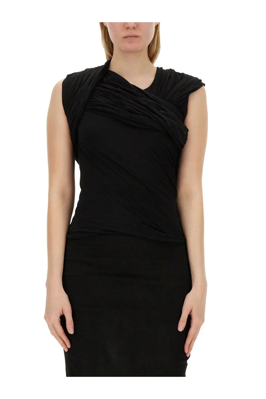 Rick Owens women’s harness top in black sleeveless fabric with draped ruched details across shoulders and torso