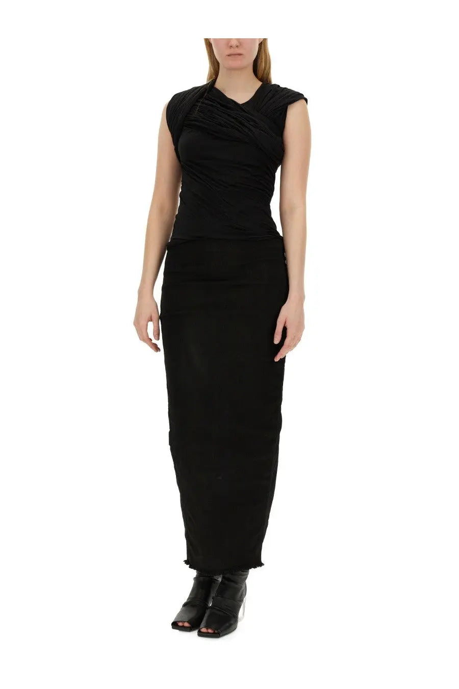 Black sleeveless dress with draped ruched bodice and straight-cut skirt in rick owens women’s harness top black style