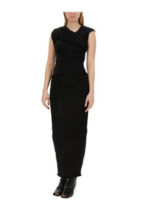 Black sleeveless dress with draped ruched bodice and straight-cut skirt in rick owens women’s harness top black style