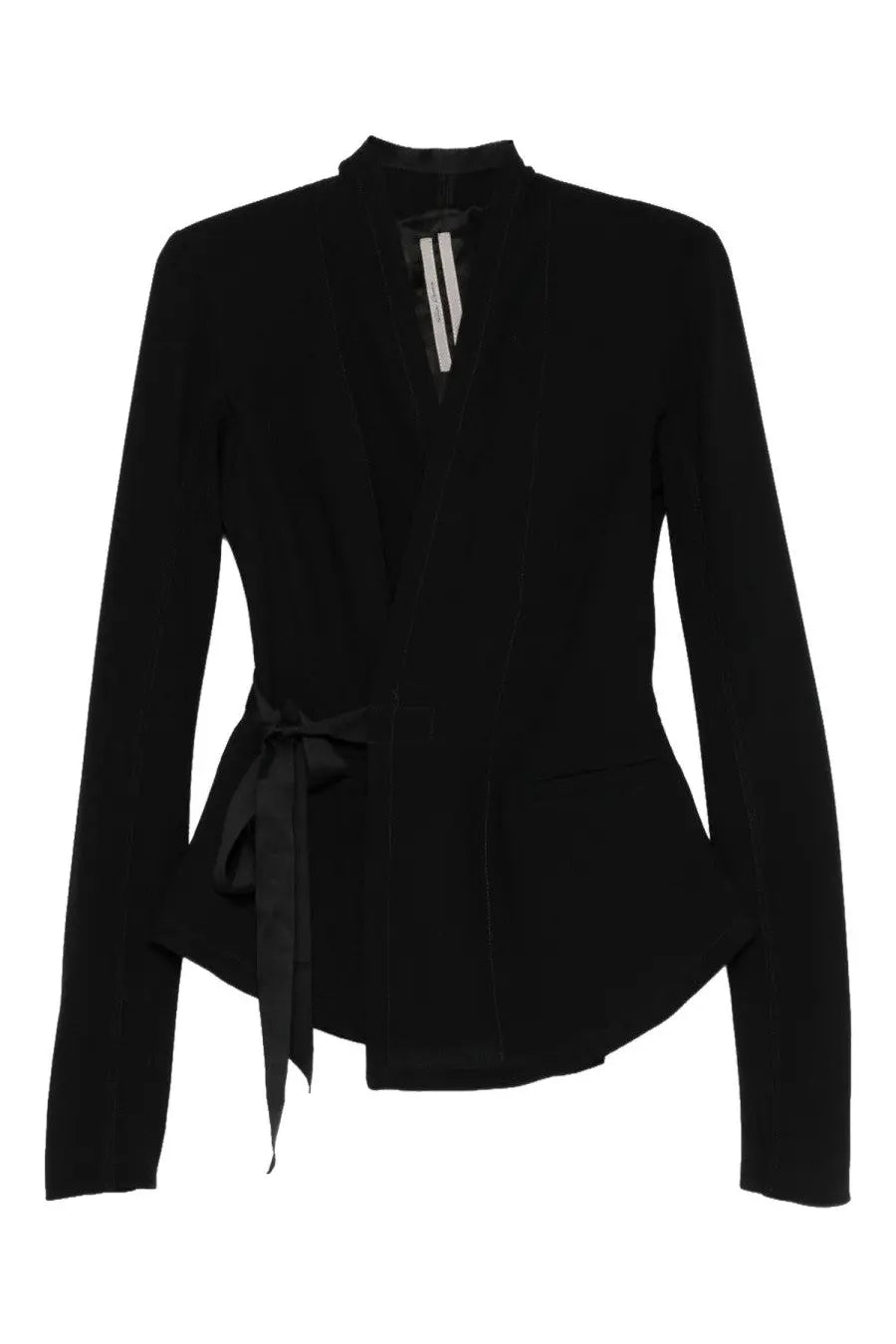 Rick Owens women’s Hollywood jacket black blazer with high collar belted waist and peplum hem in premium fabric
