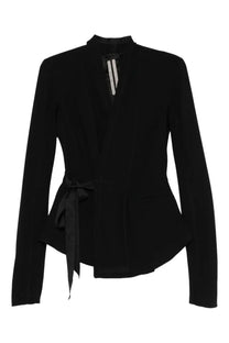 Rick Owens women’s Hollywood jacket black blazer with high collar belted waist and peplum hem in premium fabric