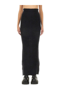 Rick Owens women’s black knit midi skirt with high ribbed waistband and subtle side slits