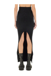 Black high-waisted knit midi skirt with front slit by Rick Owens for women