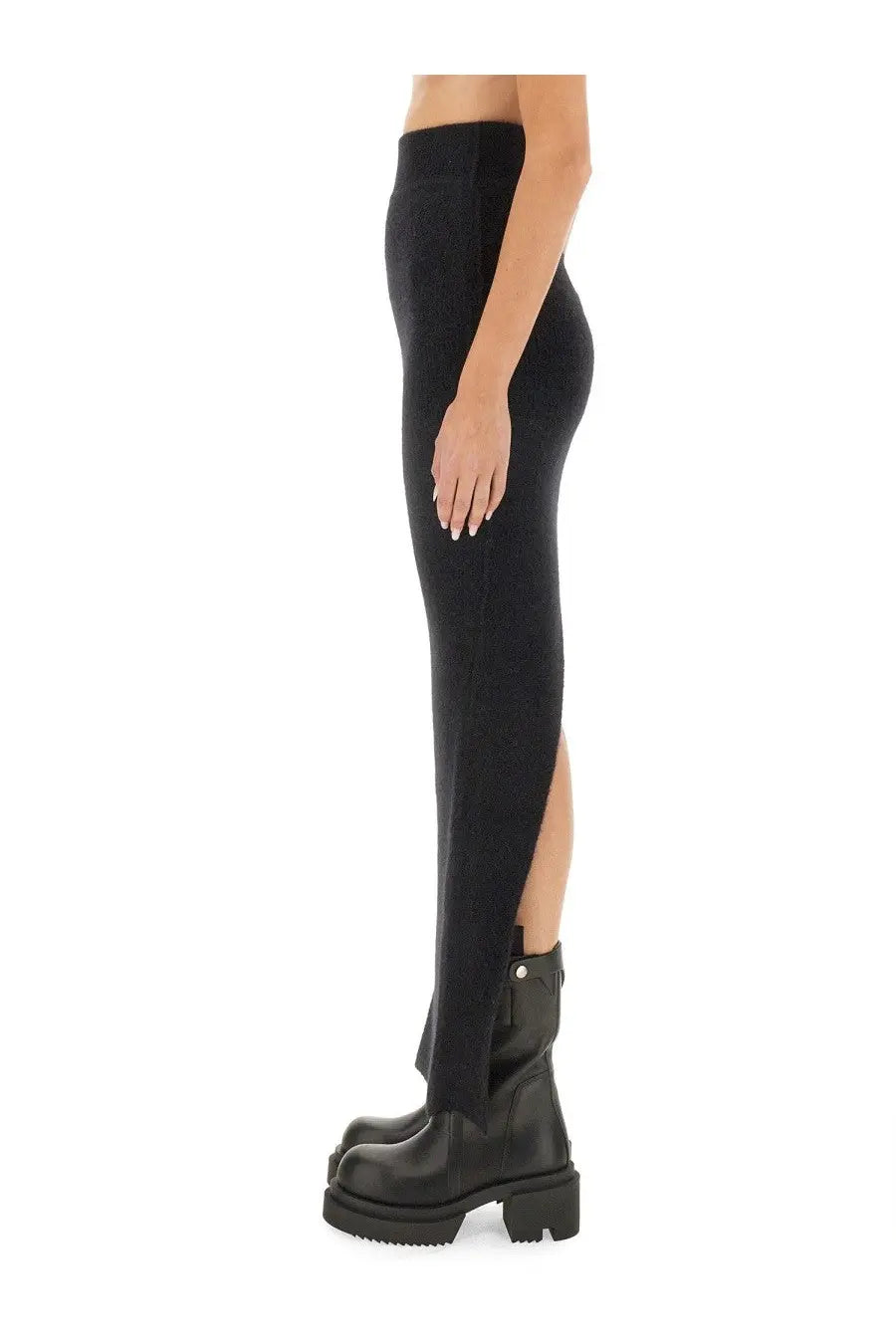 Rick owens women’s black knit high-waisted trousers with side slit and ankle zipper detail