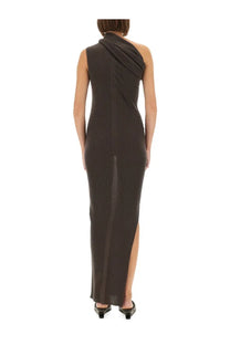 Rick Owens women’s knitted Athena dress in dark gray ribbed knit with one-shoulder design and high slit