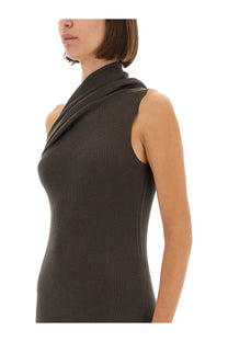 Rick Owens women’s knitted Athena dress in brown features a sleek ribbed sleeveless design with a draped cowl neckline