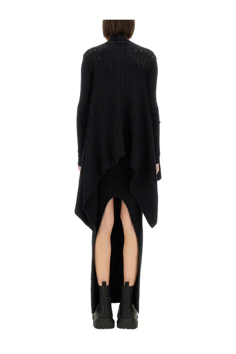 Rick Owens women’s black knitted cardigan with asymmetrical hem and openwork detailing on the shoulders