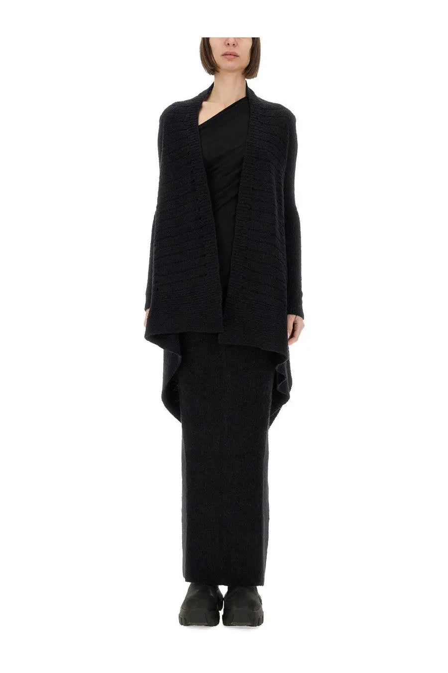 Rick Owens women’s black knitted cardigan with textured fabric long sleeves and asymmetrical hem