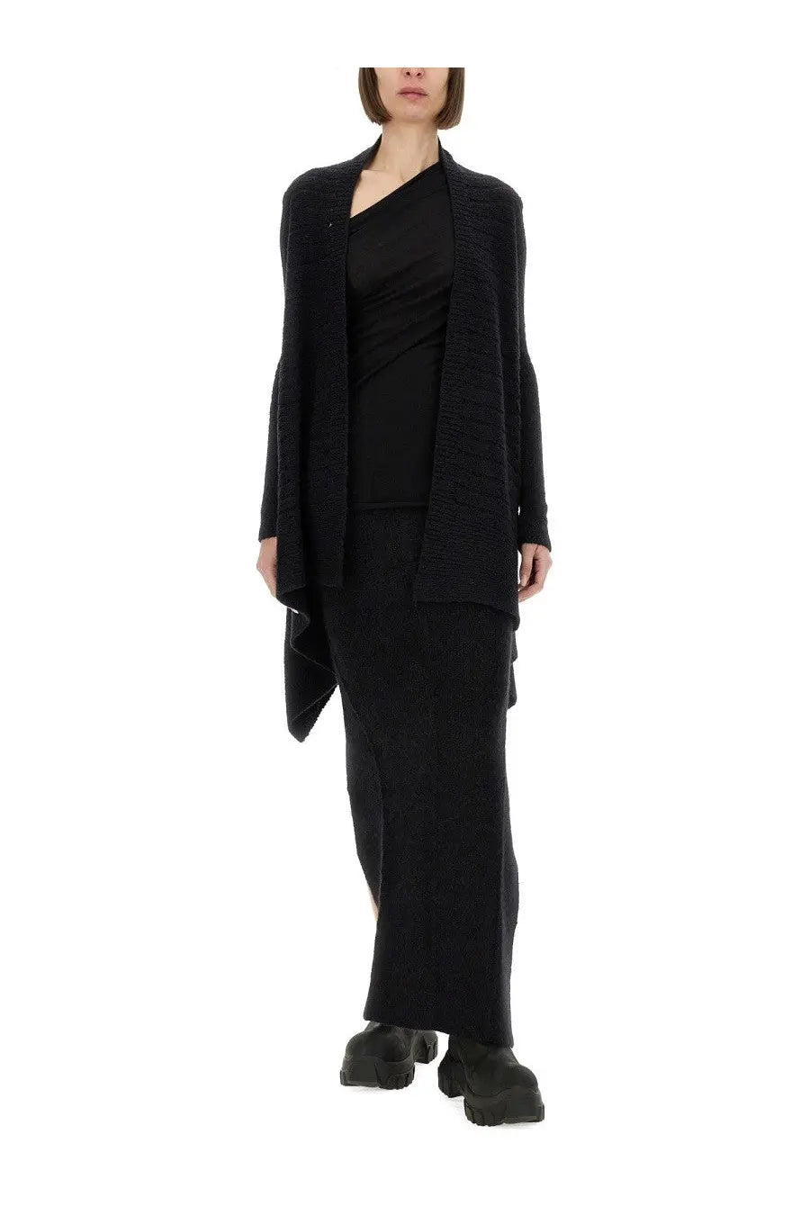 Rick Owens women’s black knitted cardigan with textured fabric asymmetrical hem and draped front design