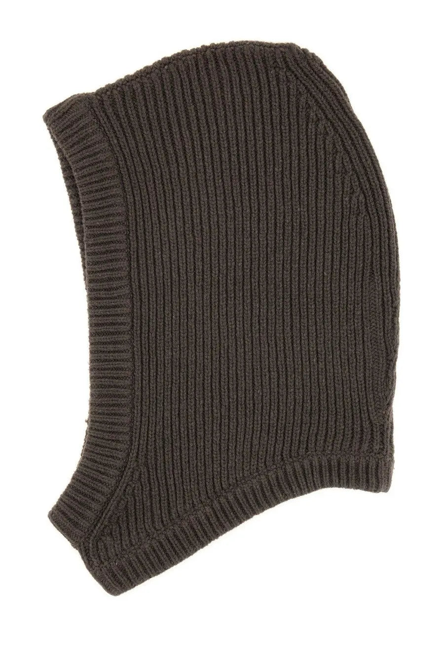 Rick Owens women’s knitted hood in beige with dark brown ribbed knit balaclava detail front view