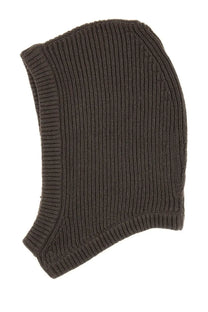 Rick Owens women’s knitted hood in beige with dark brown ribbed knit balaclava detail front view