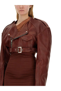 Rick Owens women’s rich brown leather biker jacket with silver buckle belt and zipper details
