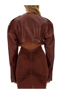 Rick Owens women’s leather jacket red sleek burgundy cropped design with structured fit and side zippers