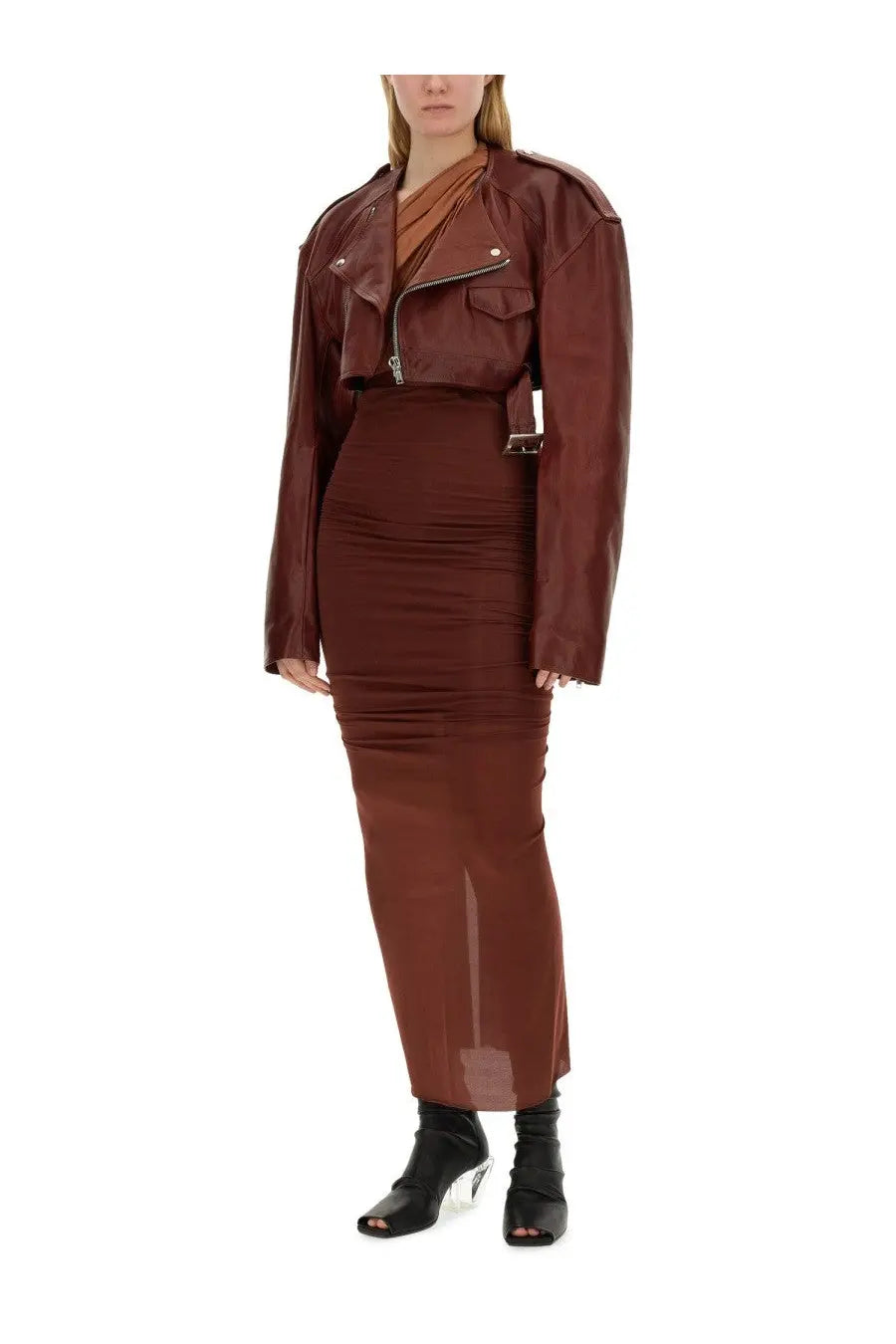 Rick Owens women’s leather jacket red in sleek rust-brown with cropped silhouette and silver zippers