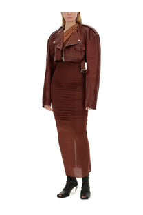 Rick Owens women’s leather jacket red in sleek rust-brown with cropped silhouette and silver zippers