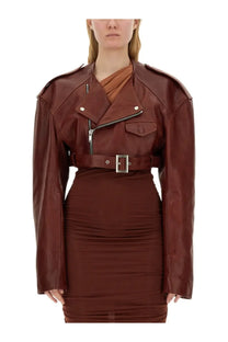 Rick Owens women leather jacket red in rich burgundy leather with belt waist and silver hardware