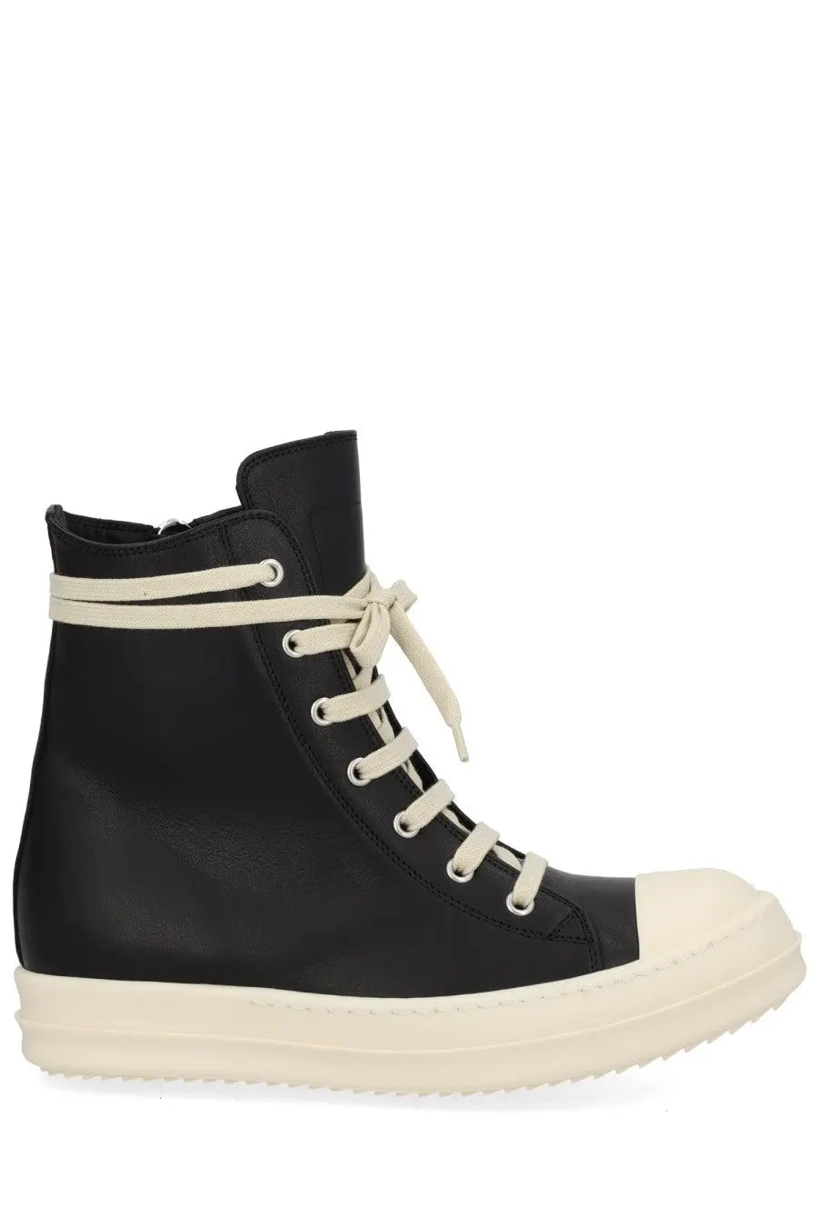 Rick Owens women’s black leather high-top sneaker with cream laces silver eyelets and thick white rubber sole