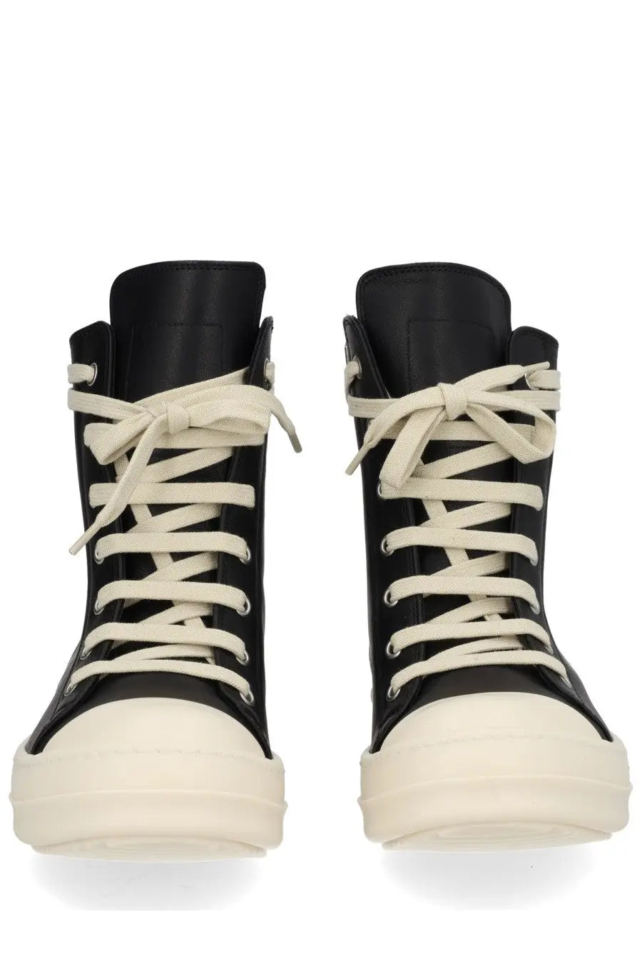Rick Owens women’s black leather high-top sneaker with cream laces and thick matching rubber sole