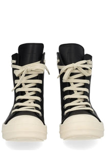 Rick Owens women’s black leather high-top sneaker with cream laces and thick matching rubber sole