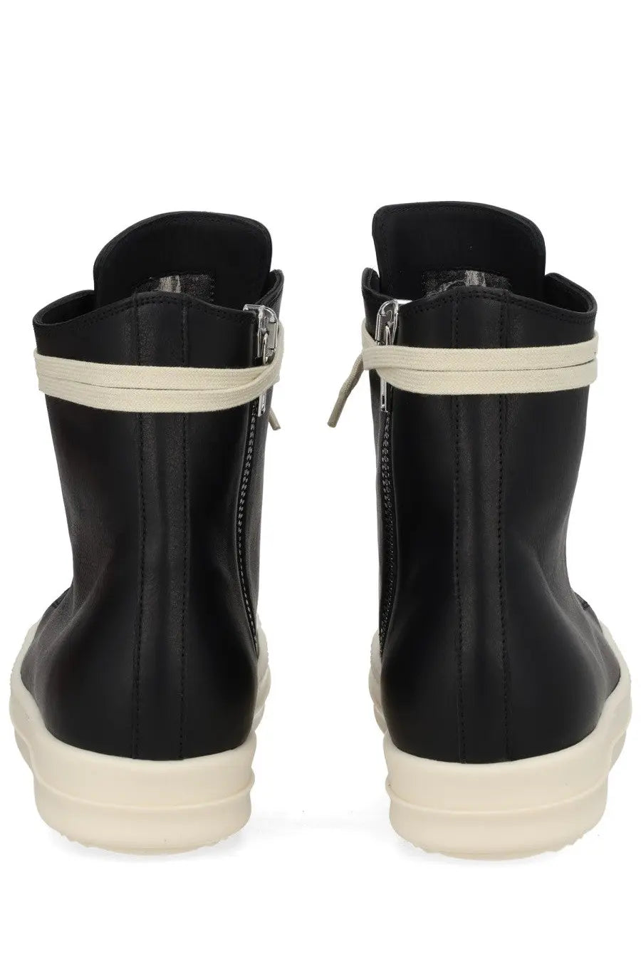 Rick Owens women’s black leather high-top sneakers with cream rubber soles strap accents and side zippers