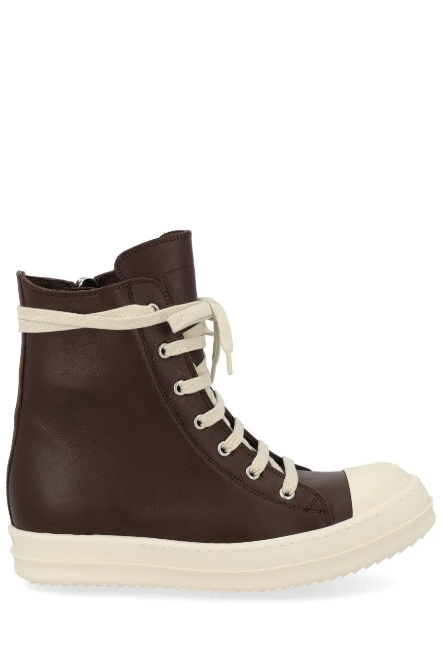 Dark brown leather high-top sneaker with cream laces and matching rubber sole in Rick Owens women’s style