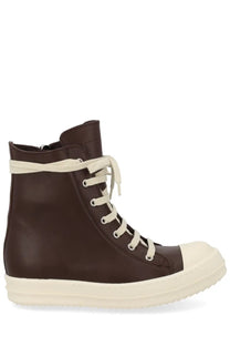 Dark brown leather high-top sneaker with cream laces and matching rubber sole in Rick Owens women’s style