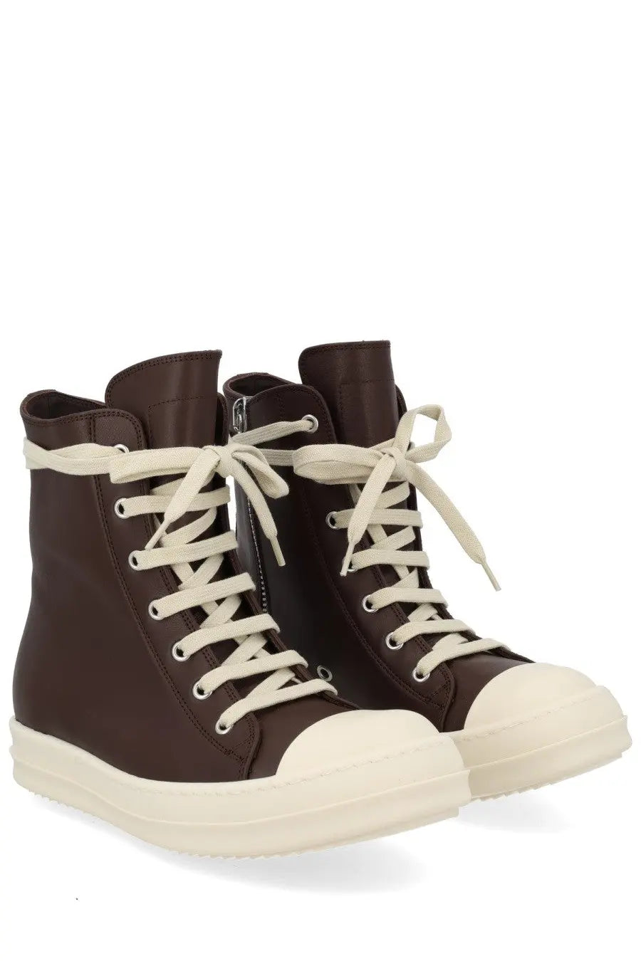 Rick Owens women’s leather sneaker brown with dark brown high tops cream laces matching toe cap and thick white sole