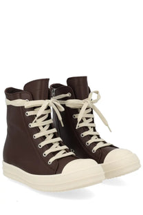 Rick Owens women’s leather sneaker brown with dark brown high tops cream laces matching toe cap and thick white sole