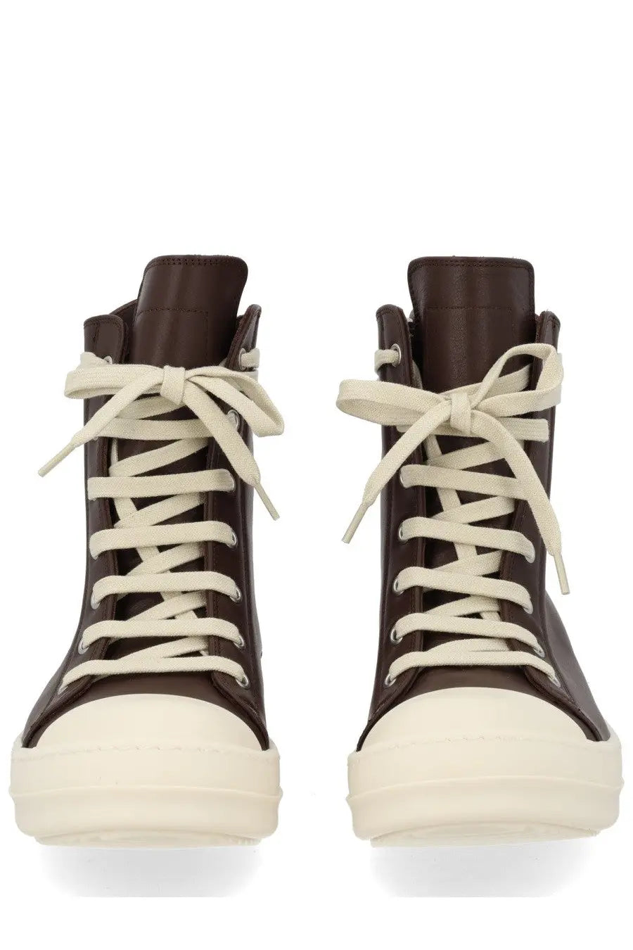 Rick Owens women’s leather sneaker brown high-top with dark brown leather, cream laces, and thick rubber sole