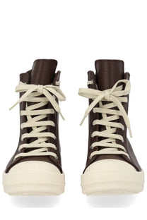 Rick Owens women’s leather sneaker brown high-top with dark brown leather, cream laces, and thick rubber sole