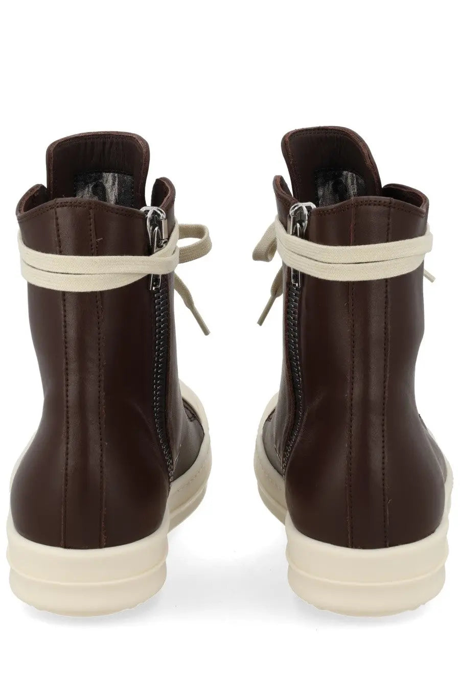 Brown leather high-top sneakers by rick owens for women with cream-colored laces and soles
