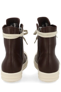 Brown leather high-top sneakers by rick owens for women with cream-colored laces and soles