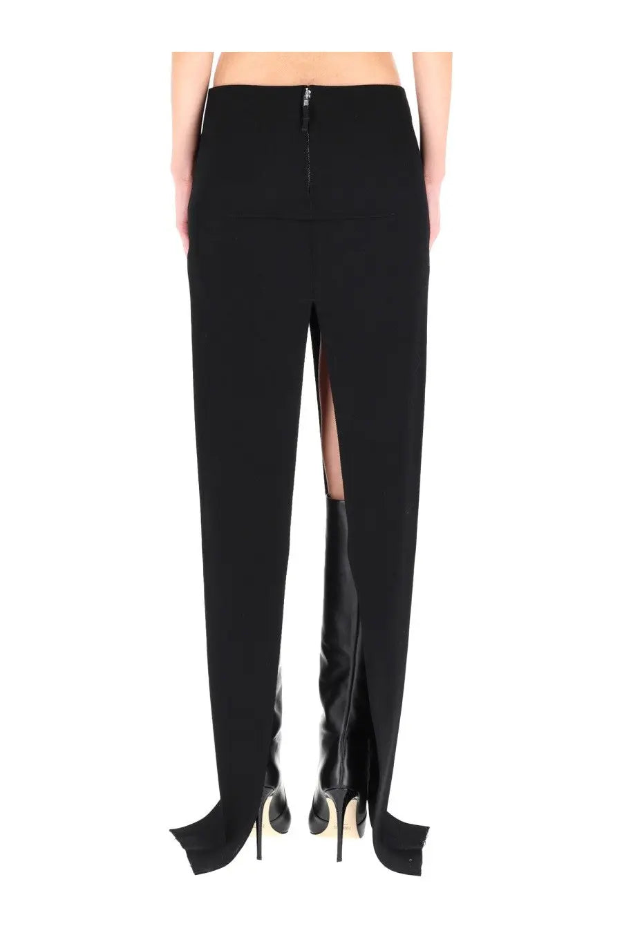 Rick Owens women’s long skirt black high-waisted with front slit and zipper closure in a sleek fabric