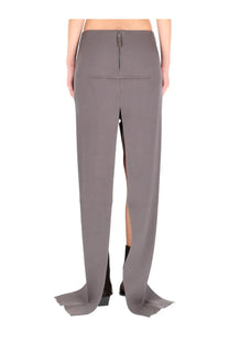Back view of rick owens women’s gray high-waisted long skirt with central back zipper and side slit