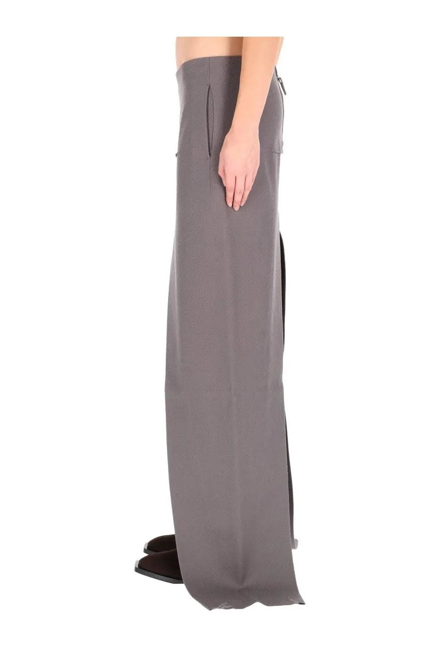 Rick Owens women’s long skirt grey with gray wide-leg trousers style high waist side slit and subtle front pocket detailing
