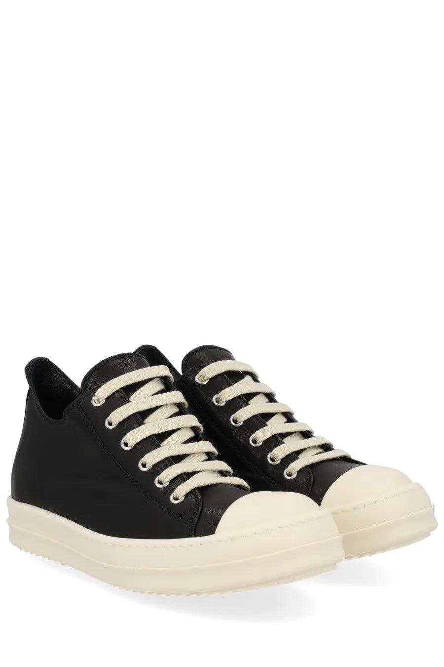 Rick Owens women’s low sneaks sneaker in black with cream laces rubber toe caps and thick off-white sole