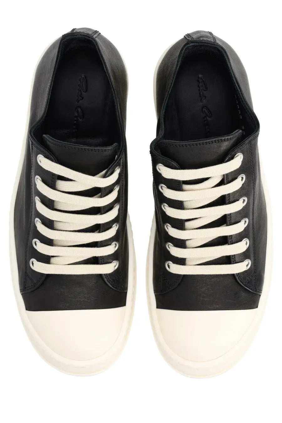 Rick Owens women’s low sneaks sneaker black leather low-top with white laces and off-white rubber sole