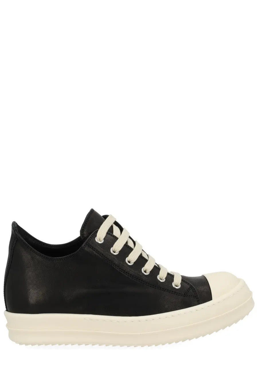 Rick Owens women’s low sneaks sneaker in black leather with white laces and thick off-white rubber sole
