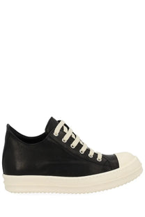 Rick Owens women’s low sneaks sneaker in black leather with white laces and thick off-white rubber sole