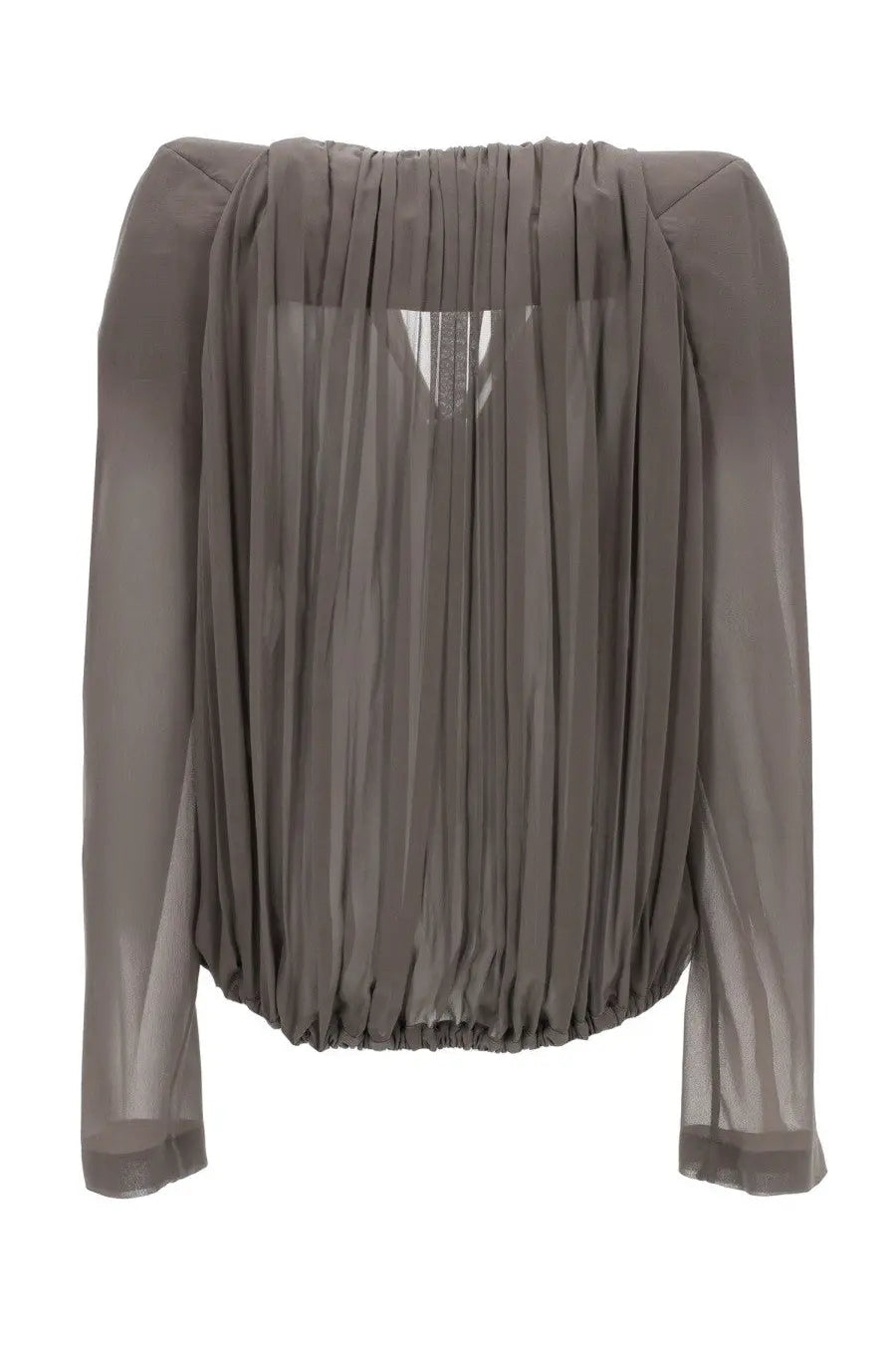 Rick Owens women’s beige mary jacket featuring a sheer dusty gray blouse with long sleeves and a ruched draped bodice