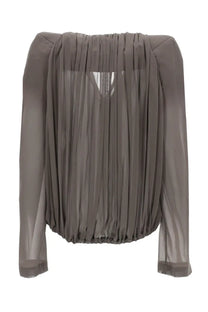 Rick Owens women’s beige mary jacket featuring a sheer dusty gray blouse with long sleeves and a ruched draped bodice