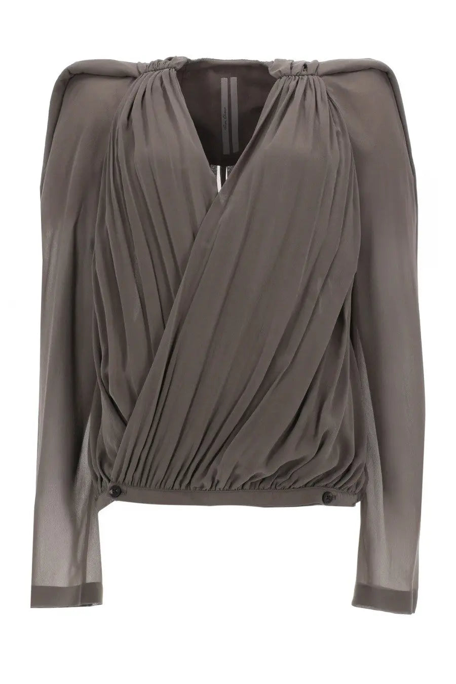 Rick Owens women’s mary jacket beige with a sleek charcoal-gray long-sleeved blouse featuring draped asymmetrical front and gathered shoulders