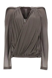 Rick Owens women’s mary jacket beige with a sleek charcoal-gray long-sleeved blouse featuring draped asymmetrical front and gathered shoulders