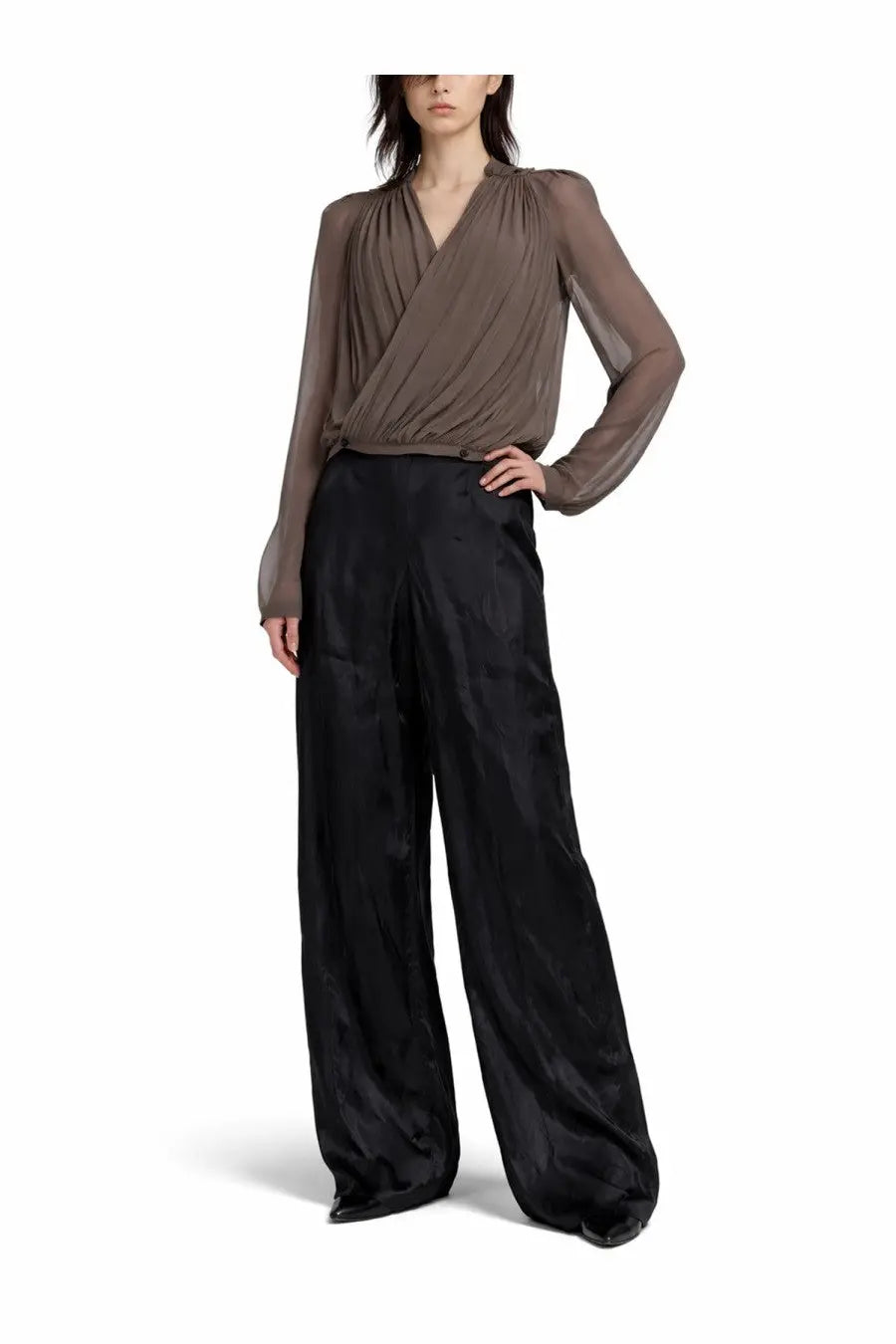 Rick Owens women’s mary jacket beige taupe sheer long-sleeved blouse with draped v-neckline and gathered bodice