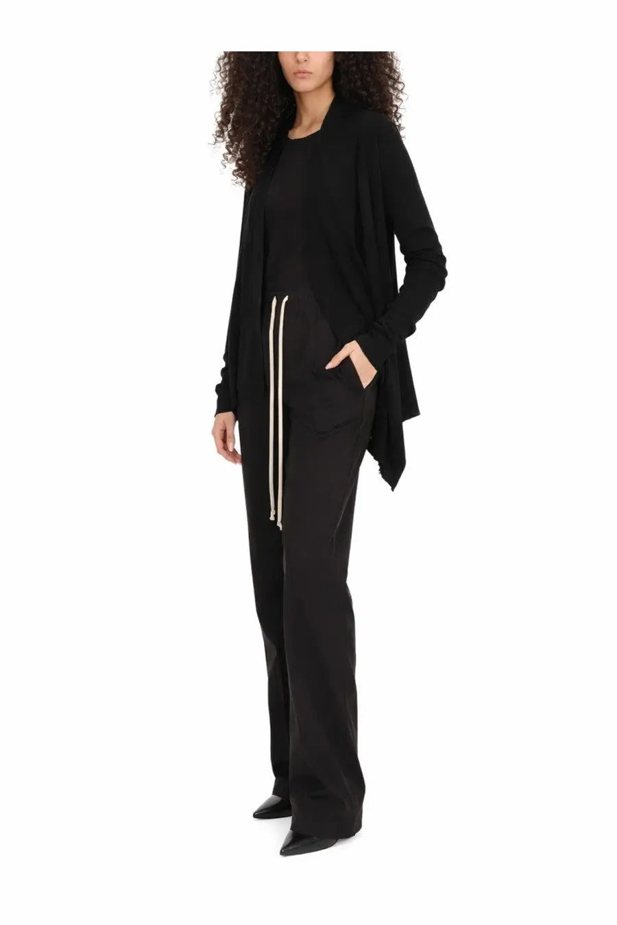 Rick Owens women’s medium black wrap cardigan with long sleeves and cream-colored drawstring details