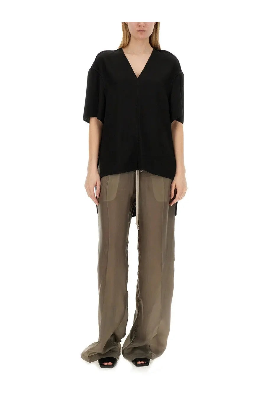 Rick Owens women’s black oversized v-neck shirt with short sleeves and a relaxed flowing silhouette
