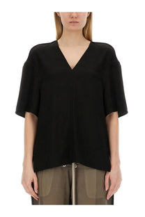 Rick Owens women’s black v-neck blouse with short flared sleeves and a relaxed fit in lightweight fabric