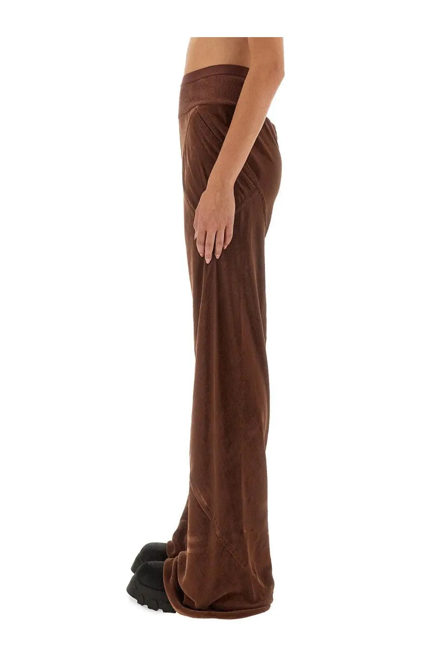 Rick Owens women’s brown velvet wide-leg pants with ribbed waistband perfect for stylish casual wear