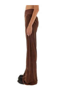 Rick Owens women’s brown velvet wide-leg pants with ribbed waistband perfect for stylish casual wear